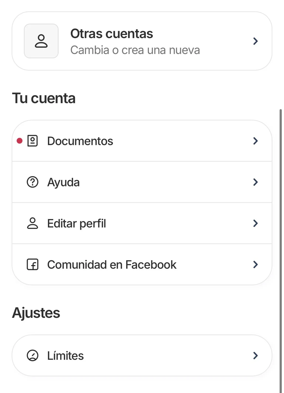 Menú de Configuración con la opción Documentos en la sección Tu cuenta