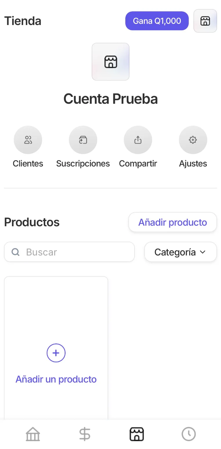 Pantalla de Tienda con la sección Productos y el botón Añadir producto
