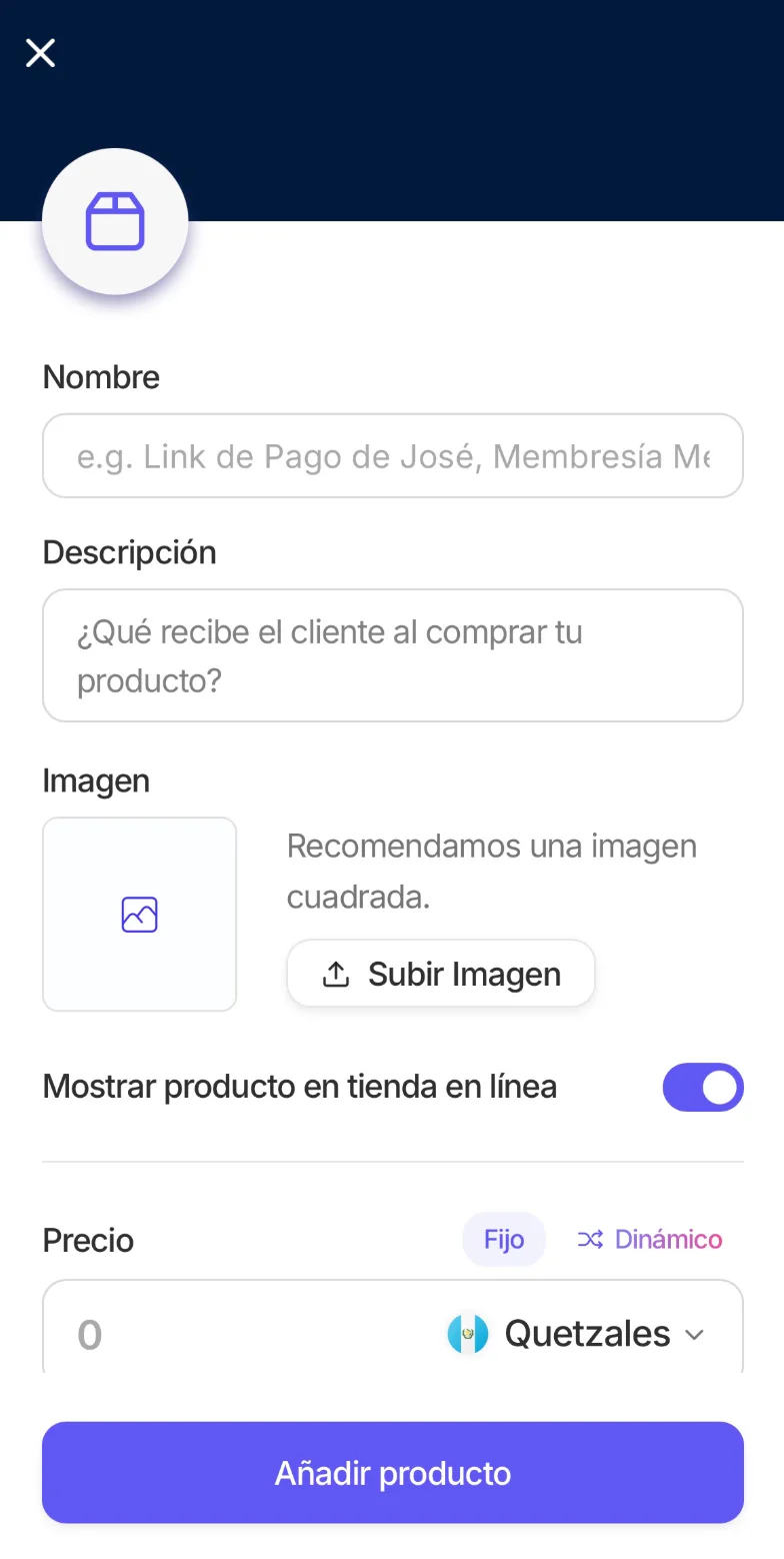 Formulario de nuevo producto con Nombre, Descripción, Imagen y el interruptor Mostrar producto en tienda en línea