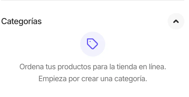 Sección Categorías sin categorías creadas, con mensaje para empezar a crear una