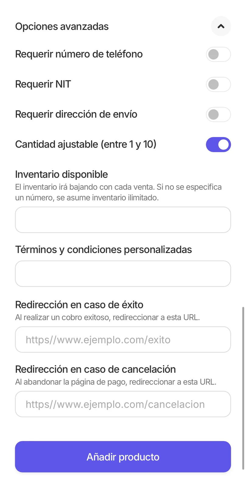 Opciones avanzadas: requerir teléfono, NIT o dirección, cantidad ajustable, inventario y redirecciones