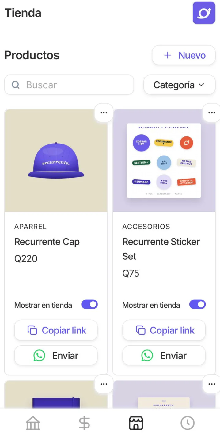 Listado de Productos con interruptor Mostrar en tienda y botones Copiar link y Enviar en cada producto