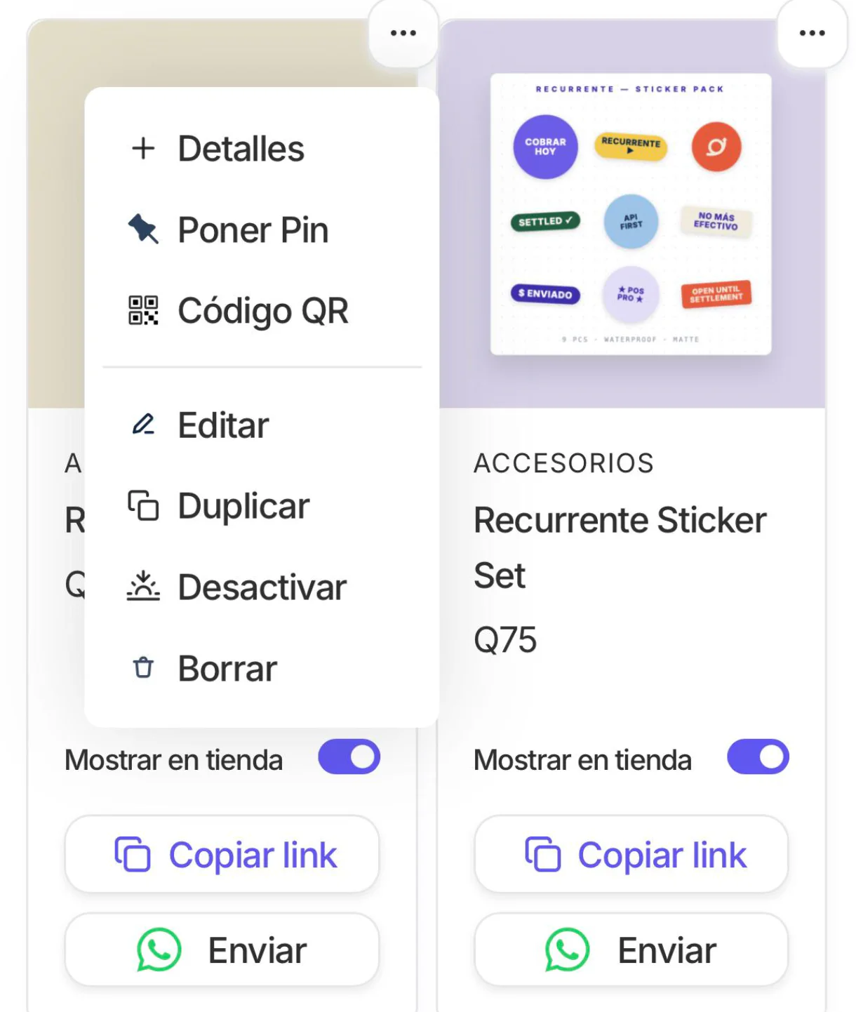 Menú de tres puntos de un producto con opciones Detalles, Código QR, Editar, Duplicar, Desactivar y Borrar
