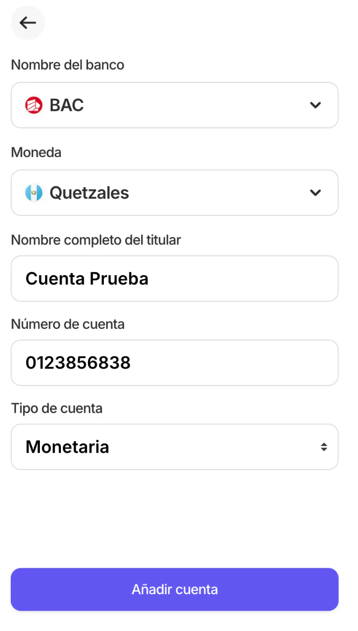 Formulario con los datos de la cuenta bancaria y el botón Añadir cuenta