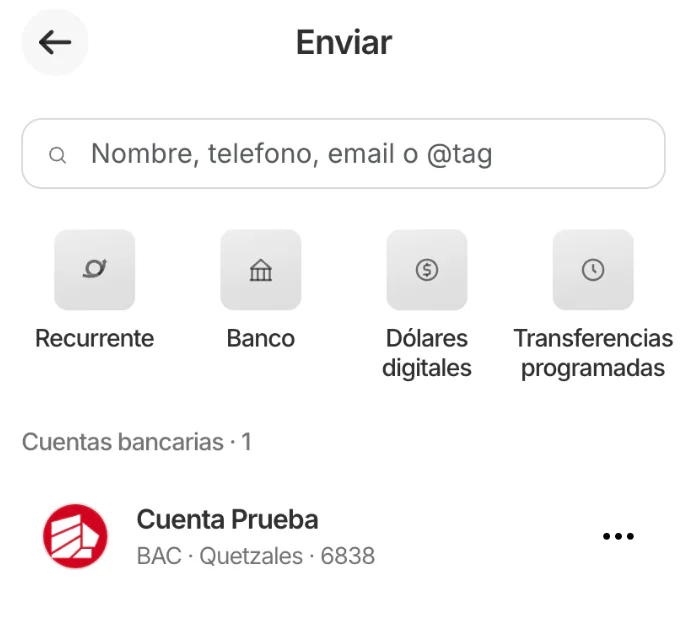 Pantalla Enviar con la cuenta bancaria agregada en la sección Cuentas bancarias
