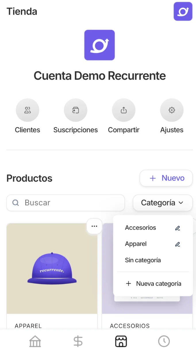 Pantalla de Tienda con el desplegable Categoría abierto sobre la lista de productos