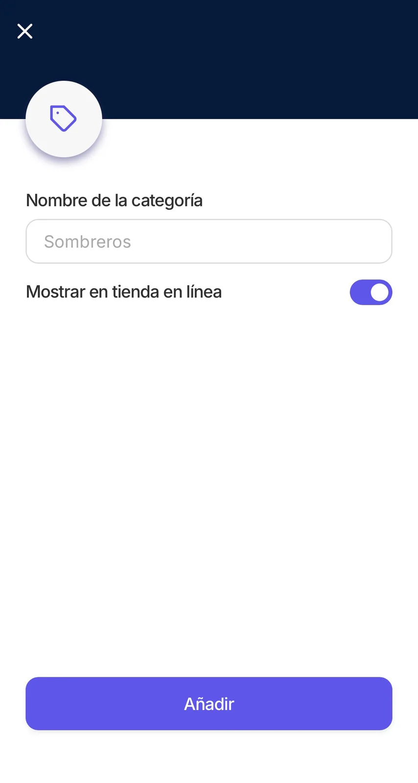 Formulario de categoría con el nombre y el interruptor Mostrar en tienda en línea activado