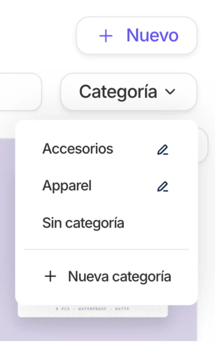 Desplegable Categoría con las categorías creadas y el lápiz para editarlas