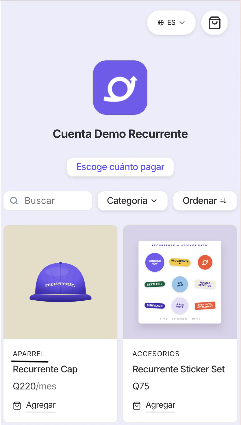 Tienda en línea vista por el cliente con el filtro Categoría y productos etiquetados por categoría