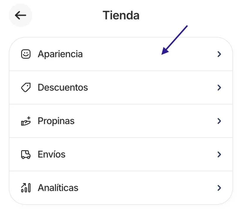 Menú de Tienda con la opción Apariencia