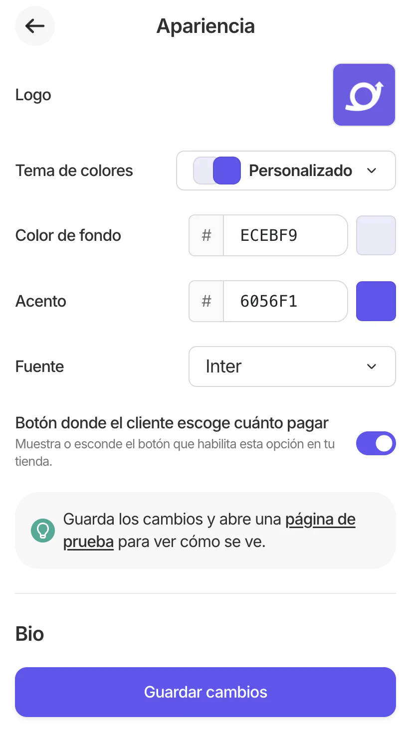 Pantalla de configuración de Apariencia