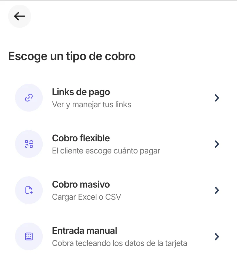 Menú Escoge un tipo de cobro: Links de pago, Cobro flexible, Cobro masivo y Entrada manual