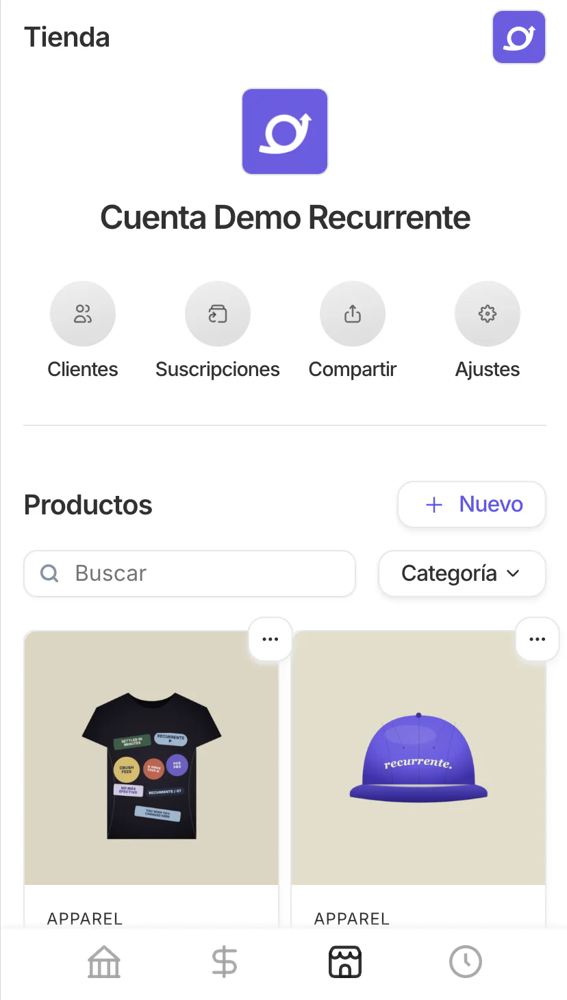 Tienda con productos existentes y botón + Nuevo
