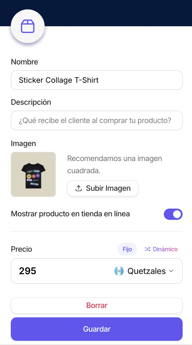 Formulario del producto con nombre, descripción, imagen y precio