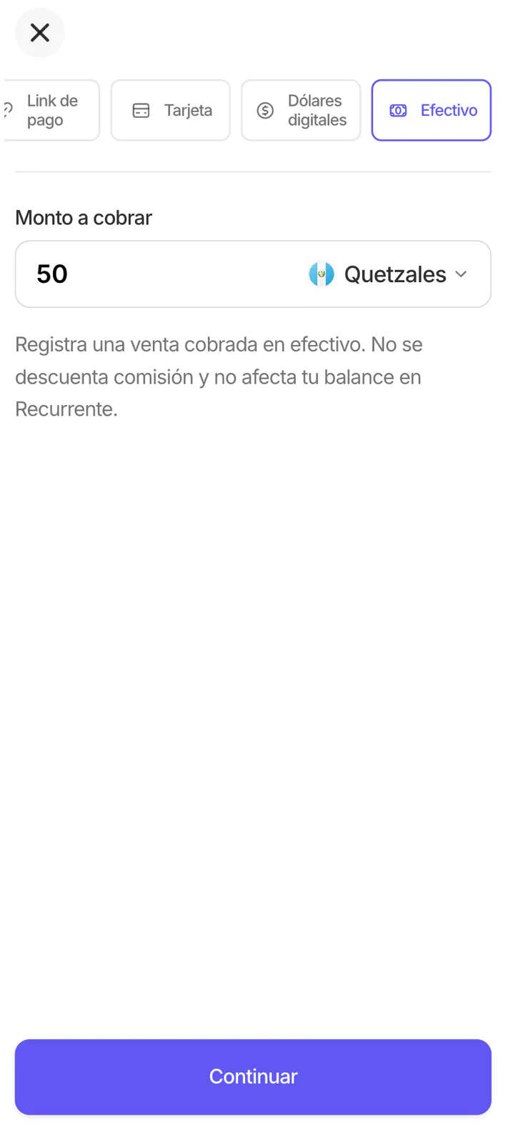 Pantalla de selección del canal Efectivo para un pago único