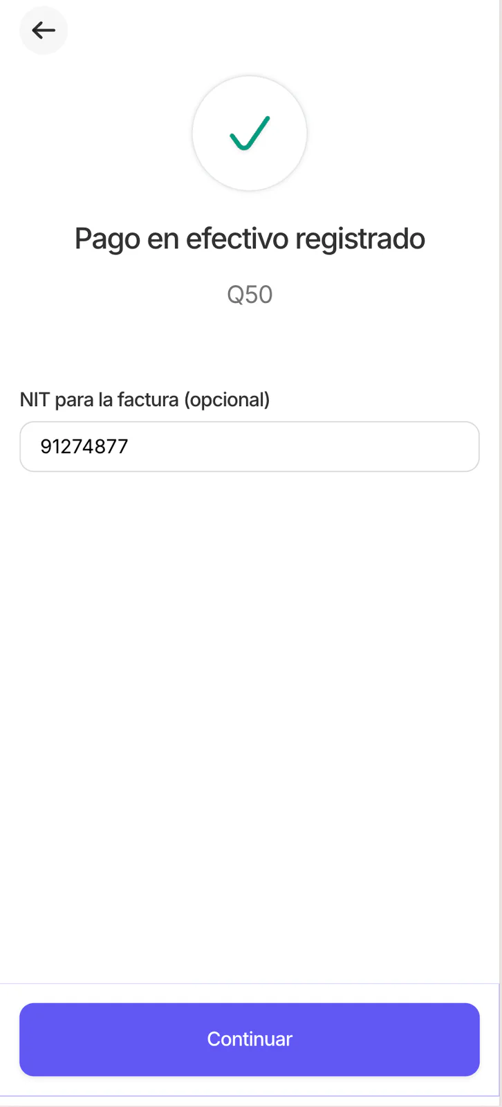 Pantalla para agregar NIT después de registrar un cobro en efectivo