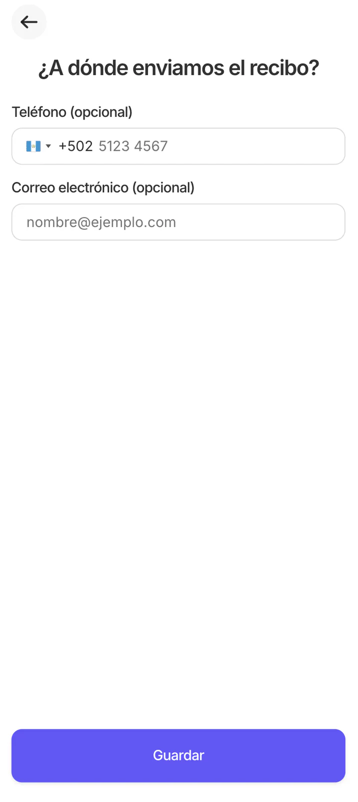 Pantalla para agregar datos de contacto y enviar recibo al cliente