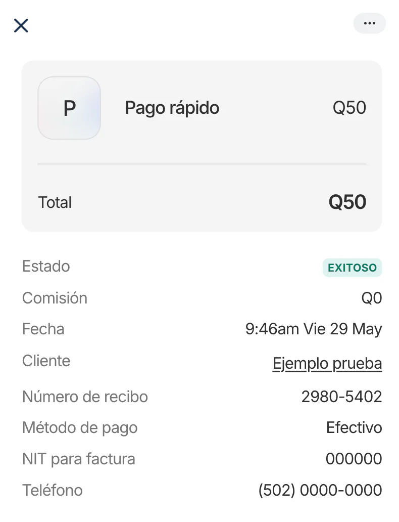 Detalle del cobro con estado exitoso, comisión Q0 y método de pago Efectivo