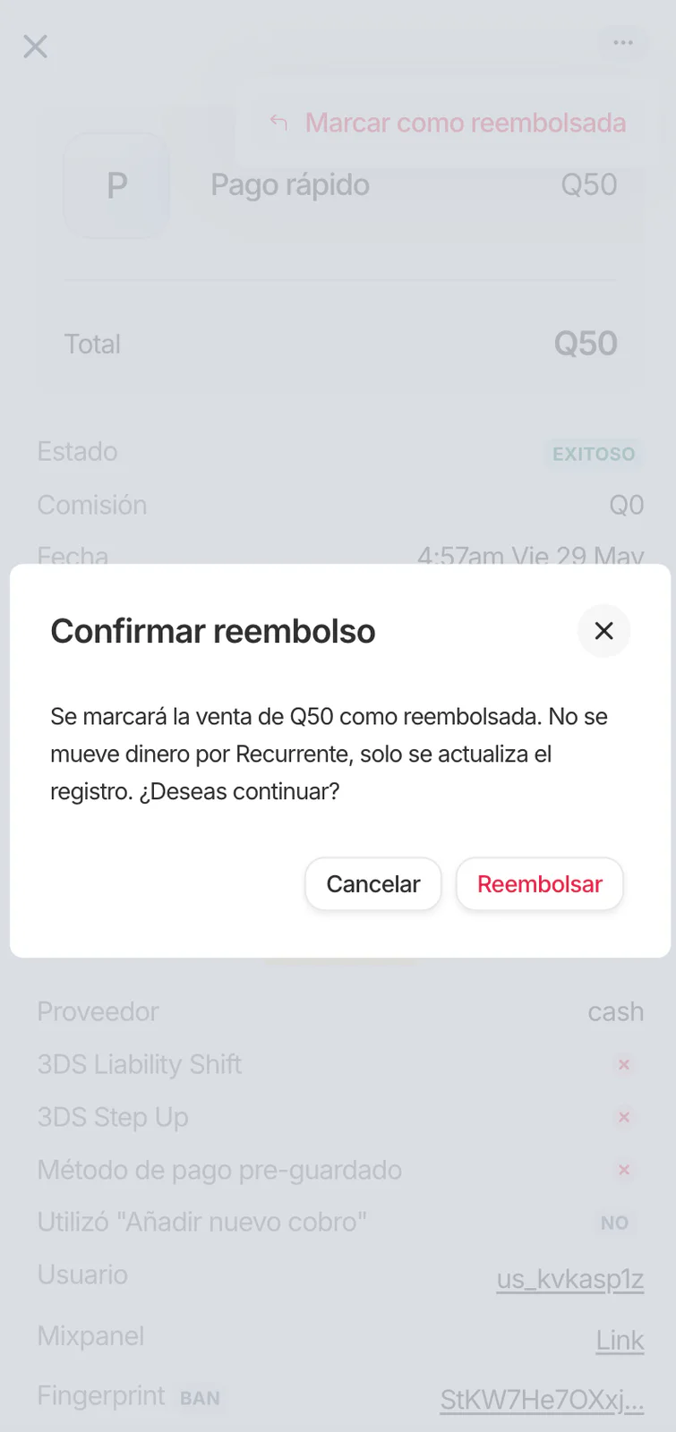 Pantalla de confirmación para marcar una venta en efectivo como reembolsada