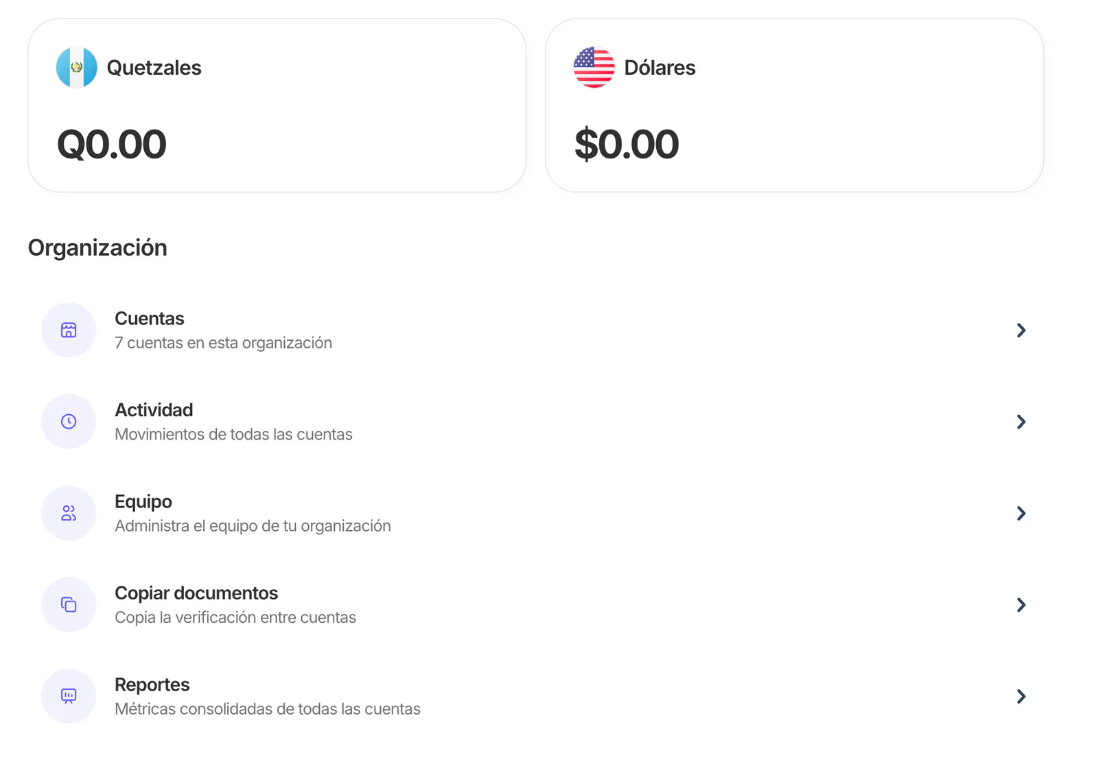 Panel principal de una organización en Recurrente con saldos y accesos a cuentas, actividad, equipo, copiar documentos y reportes