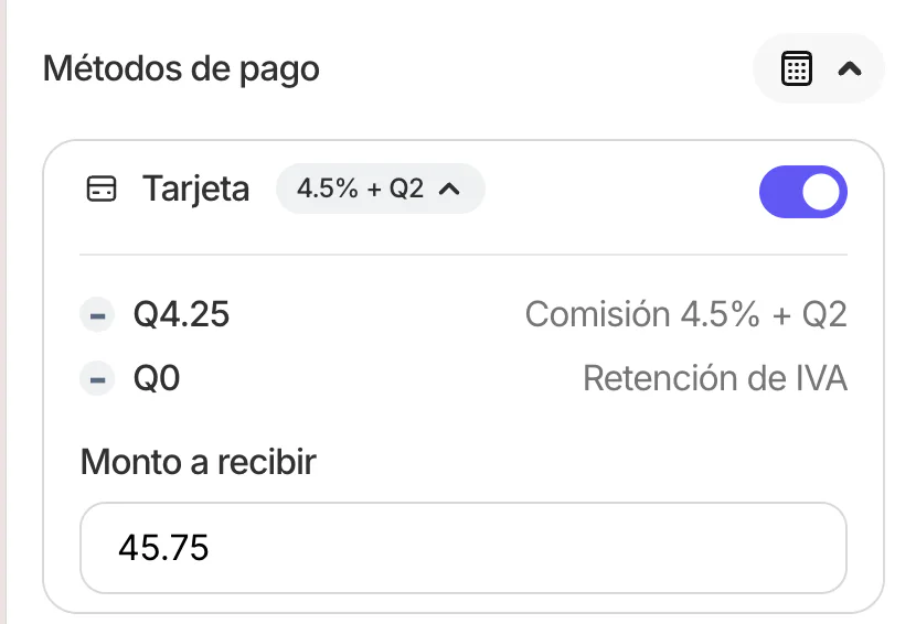 Calculadora abierta con comisión, retención de IVA y monto a recibir