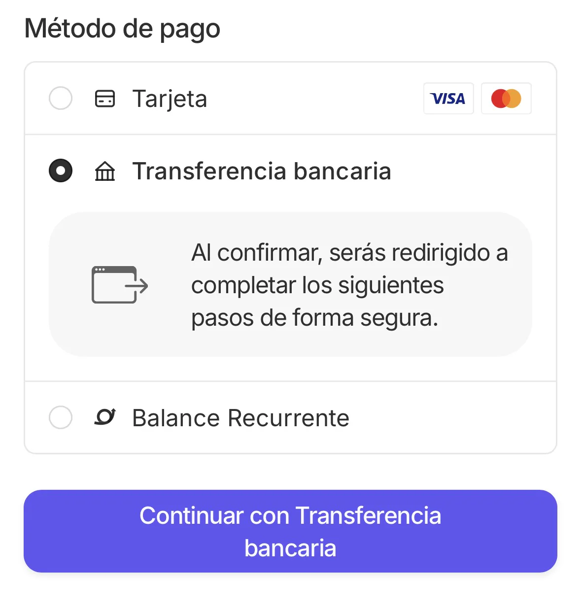 Checkout de Recurrente con Transferencia bancaria seleccionada
