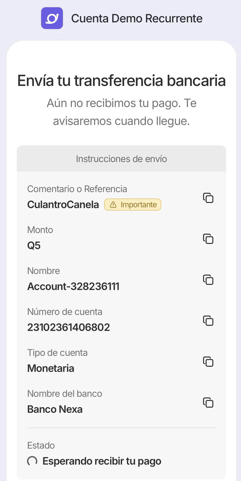 Instrucciones para enviar una transferencia bancaria en Recurrente