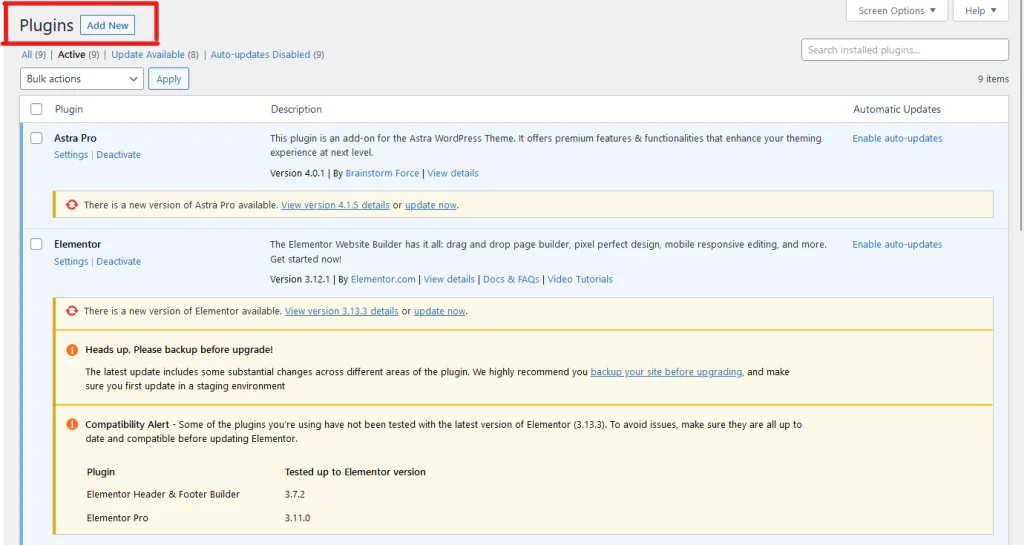 Página de Plugins de WordPress con el botón Add New resaltado