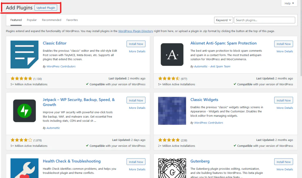 Pantalla Add Plugins de WordPress con el botón Upload Plugin resaltado
