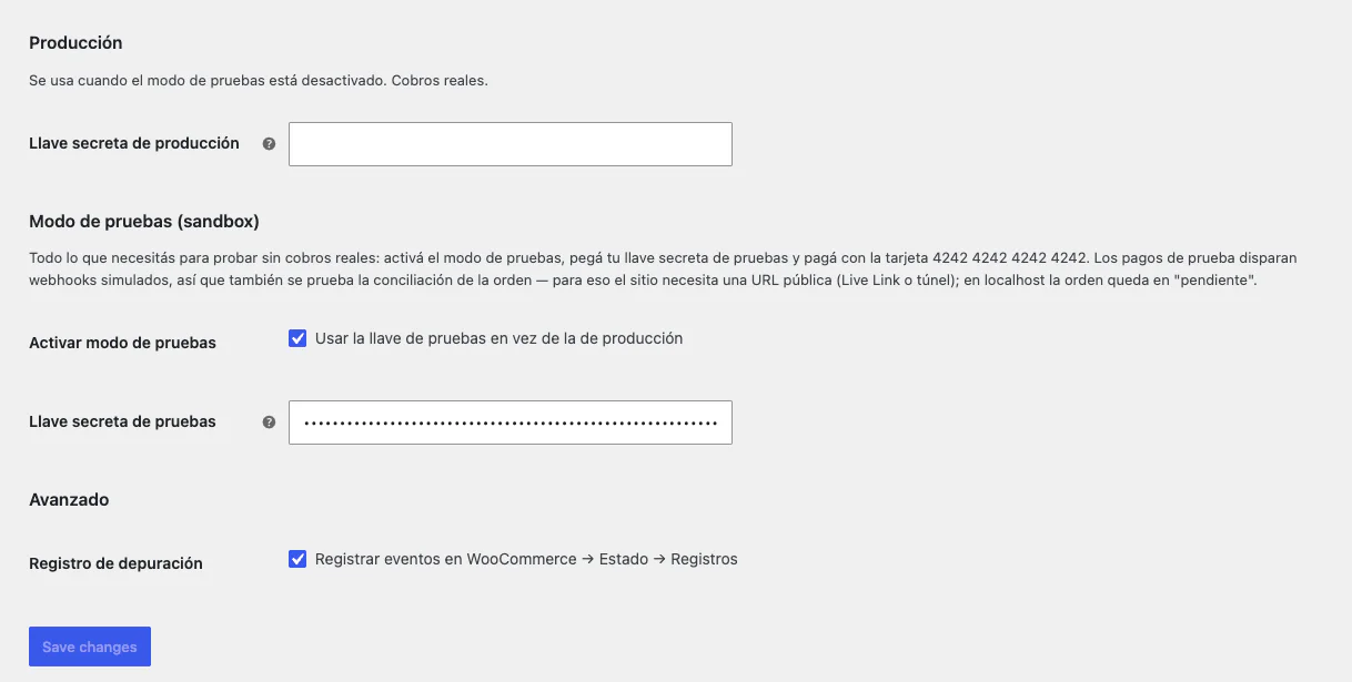 Configuración de Recurrente en WooCommerce con las llaves secretas de producción y pruebas