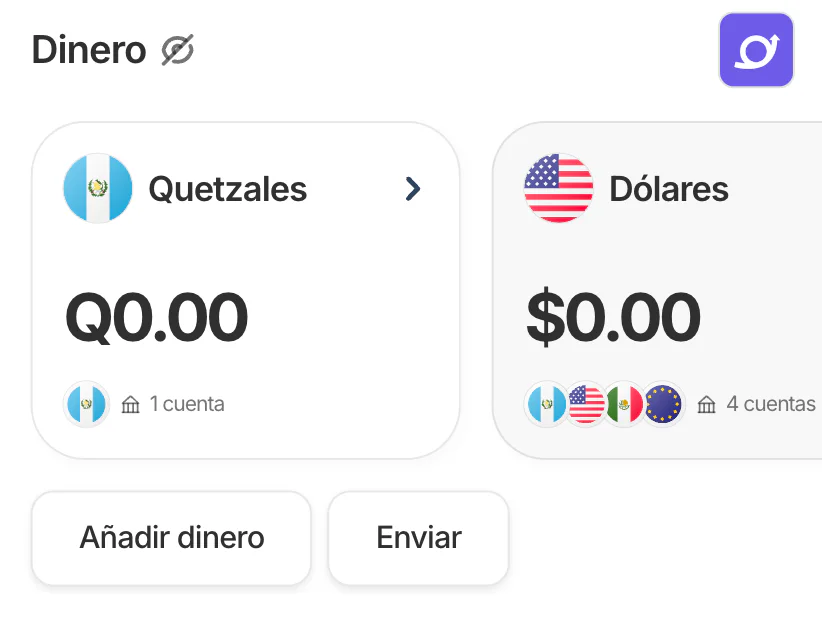 Pantalla Dinero de Recurrente con los balances en quetzales y dólares y el botón Enviar.