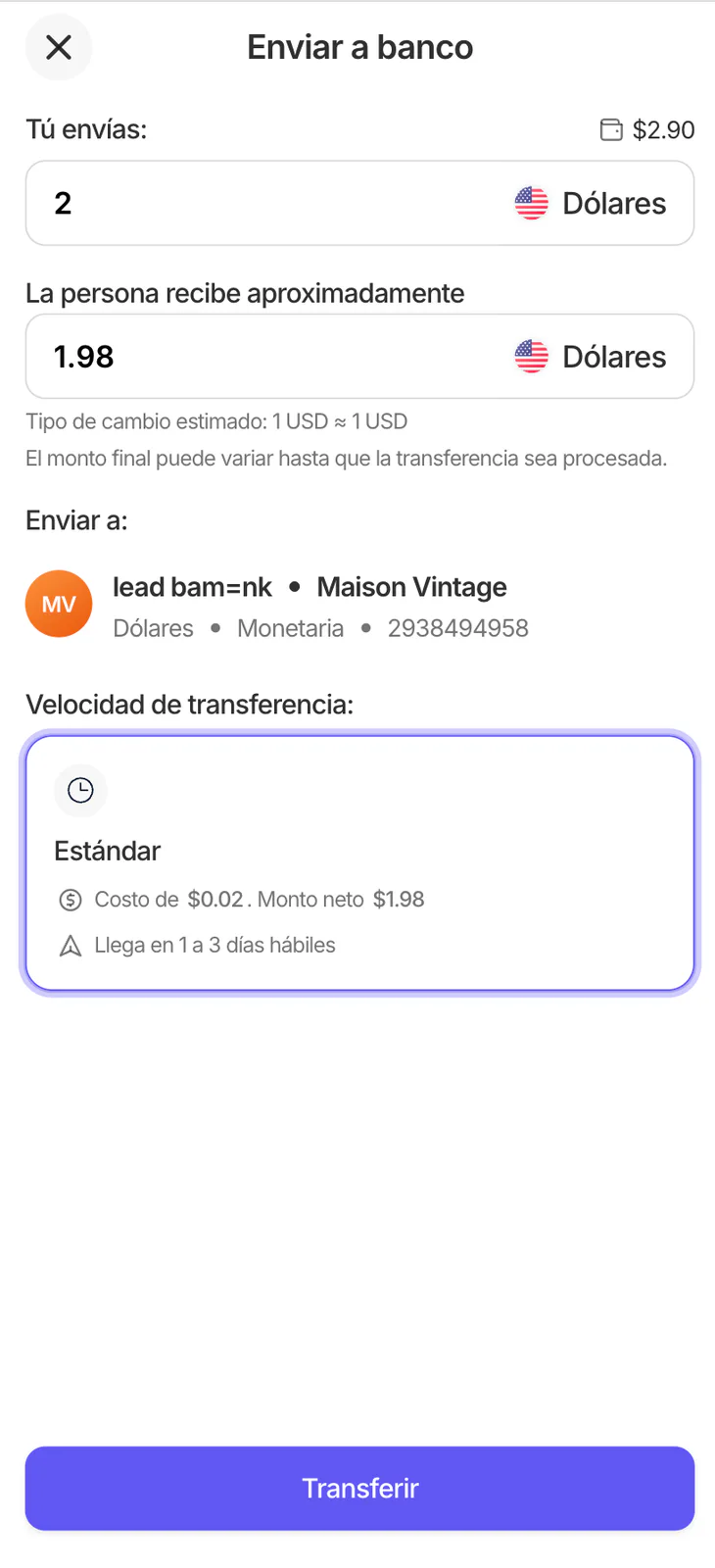 Formulario Enviar a banco con monto en USD, costo, monto neto, plazo de 1 a 3 días hábiles y botón Transferir.