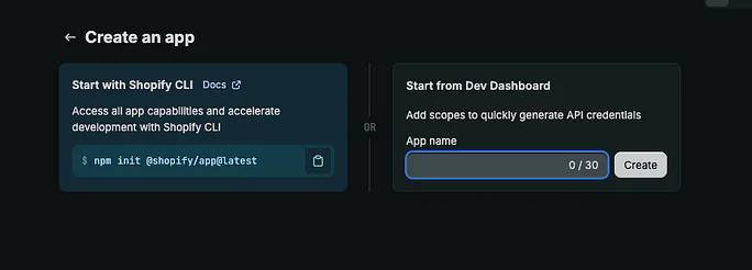 Pantalla Create an app de Shopify con las opciones Start with Shopify CLI y Start from Dev Dashboard, y el campo App name