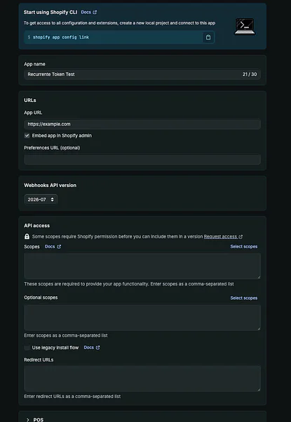Configuración de la app en Shopify con los campos App URL, Embed app in Shopify admin y el campo Scopes de API access