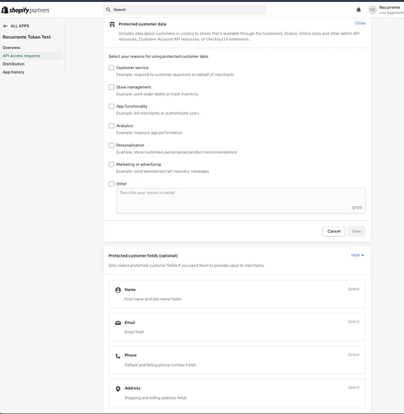 Solicitud de datos protegidos del cliente en Shopify Partners con las razones de uso y los campos Name, Email, Phone y Address