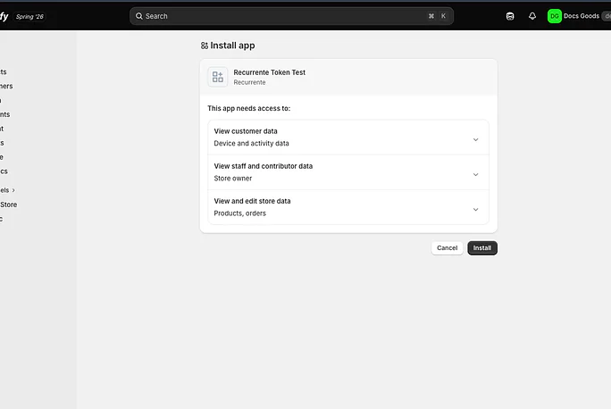 Pantalla Install app de Shopify pidiendo acceso a los datos del cliente, del personal y de la tienda, con el botón Install