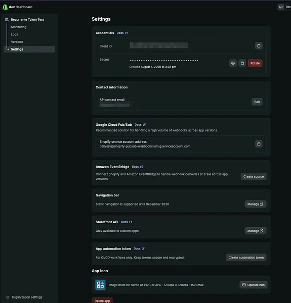 Pantalla Settings de la app en Shopify con el Client ID y el Secret en la sección Credentials