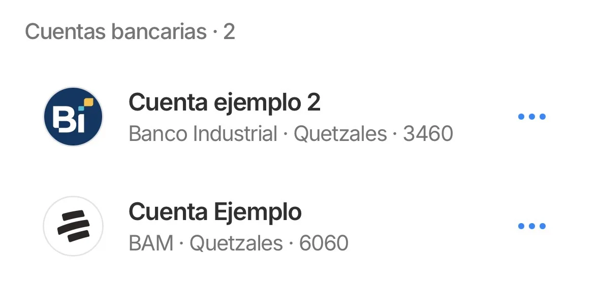 Sección Cuentas bancarias con dos cuentas guardadas para elegir el destino de la transferencia
