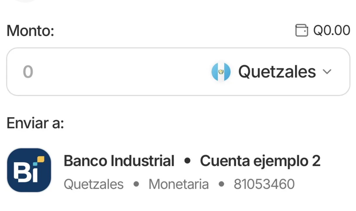 Campo de monto en quetzales y la cuenta bancaria de destino seleccionada en Enviar a