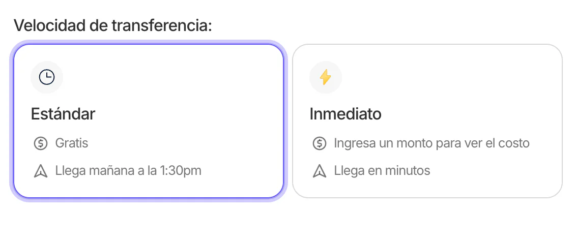 Opciones de velocidad de transferencia: Estándar gratis con fecha estimada e Inmediato que llega en minutos