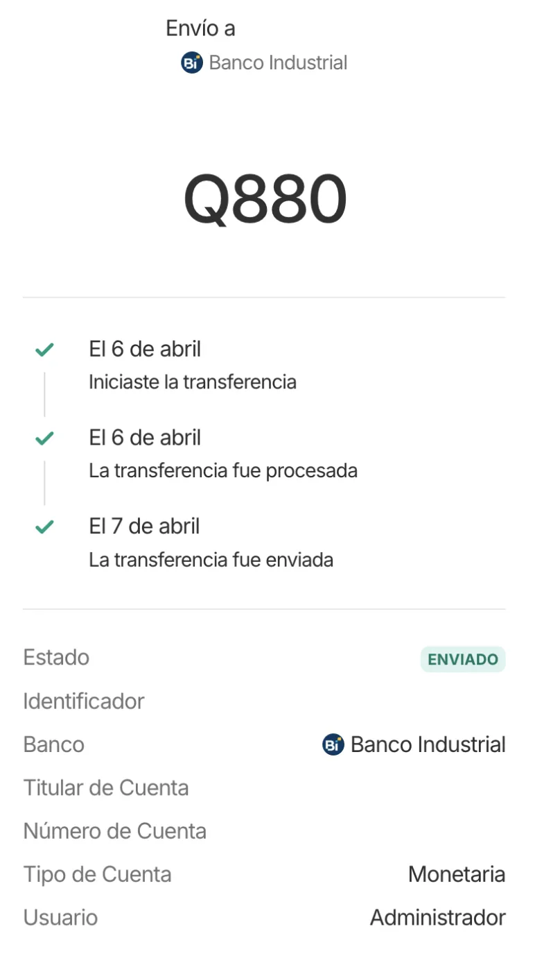 Detalle de la transferencia con la línea de tiempo de cada etapa y el estado Enviado