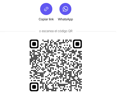 Código QR de cobro flexible con botones para copiar el link o compartirlo por WhatsApp