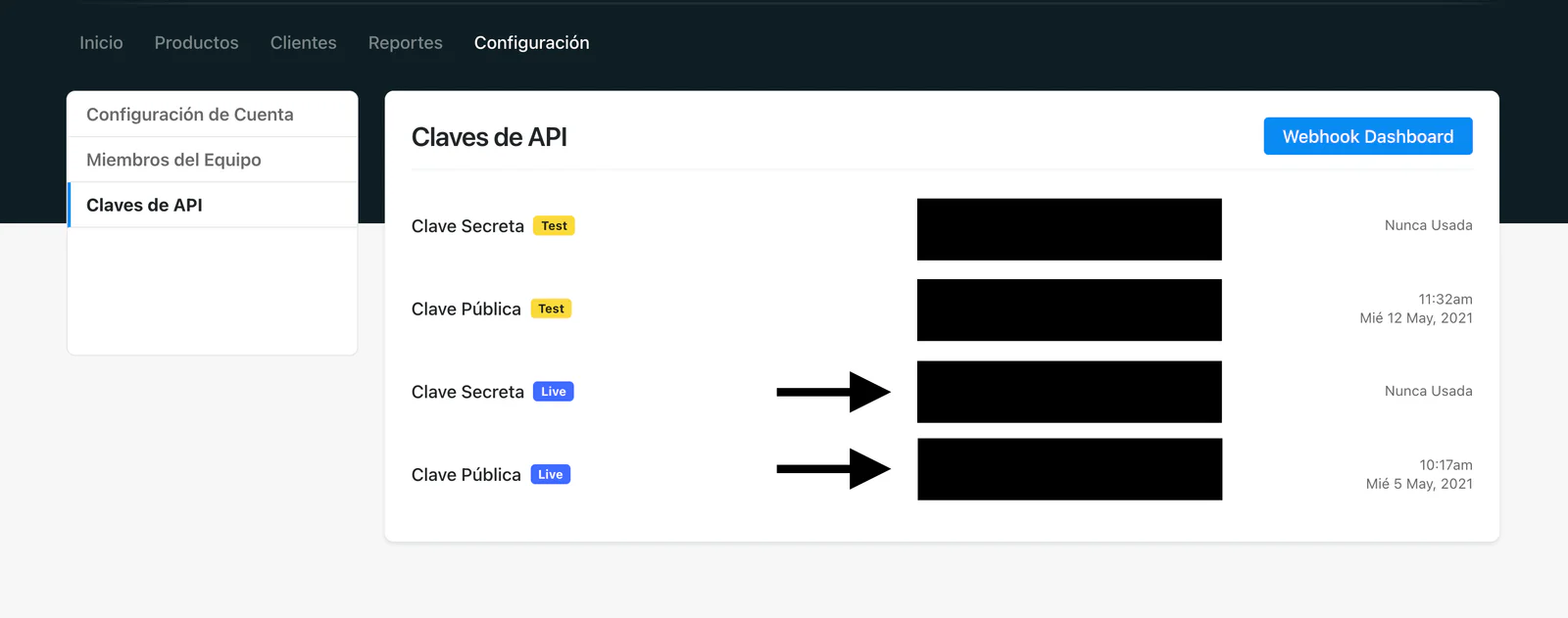 Sección Claves de API en Configuración de Recurrente con flechas hacia las claves Live