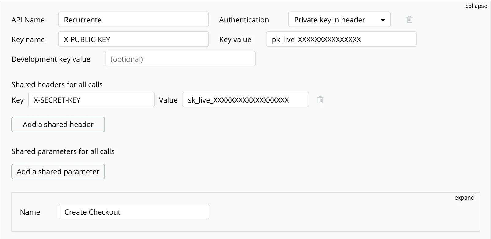 Configuración de la API en Bubble con X-PUBLIC-KEY y X-SECRET-KEY como llaves de autenticación