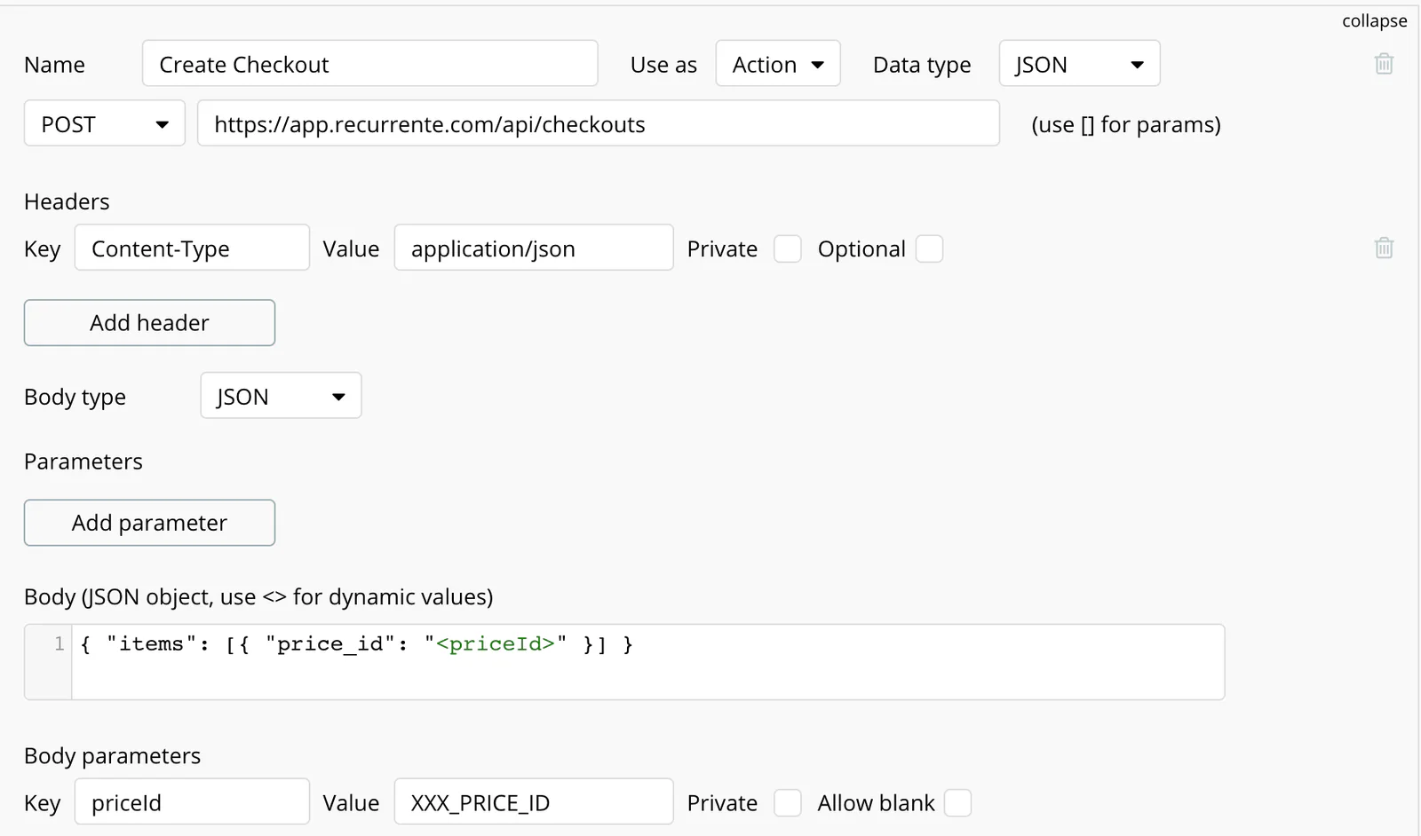 Llamada Create Checkout en Bubble: POST a app.recurrente.com/api/checkouts con body JSON de items
