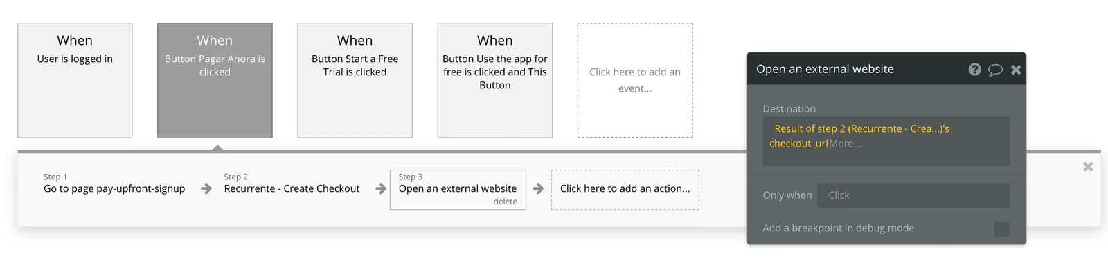 Workflow de Bubble al hacer clic en Pagar Ahora: crear checkout y abrir la checkout_url externa