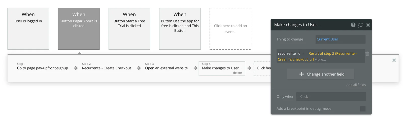 Paso Make changes to User en Bubble guardando el resultado del checkout en el campo recurrente_id