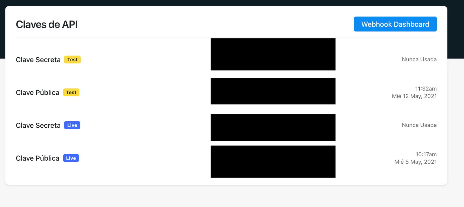 Sección Claves de API de Recurrente con el botón Webhook Dashboard en la esquina superior derecha