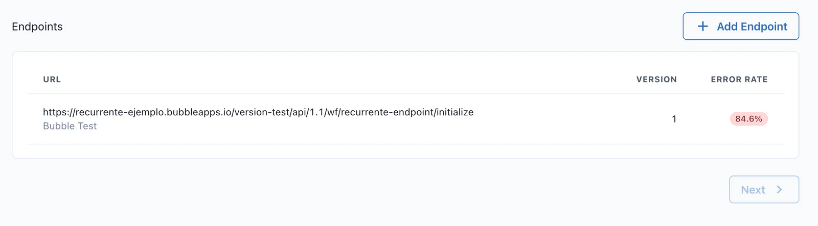 Listado de endpoints de webhooks con el botón Add Endpoint y una URL de Bubble registrada