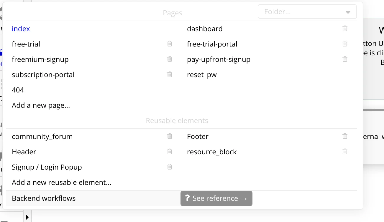 Menú de páginas del editor de Bubble con la opción Backend workflows al final